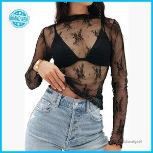 Sheer Mesh Lace Long Sleeve Top Y2K Mock Neck See Through Blouse